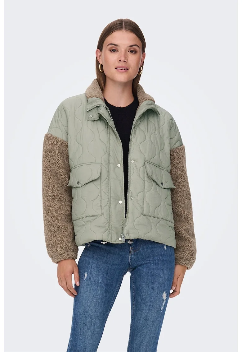 Jacheta cu maneci contrastante cu blana shearling sintetica Thale, Maro/Verde pal