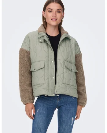 Jacheta cu maneci contrastante cu blana shearling sintetica Thale, Maro/Verde pal