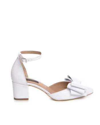 Pantofi mireasa piele naturala Alb cu funda Fancy Flats