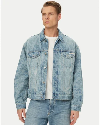 Jacheta din denim cu imprimeu logo