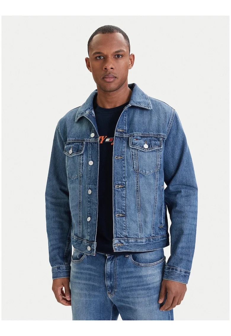 Jacheta din denim cu maneci lungi si nasturi