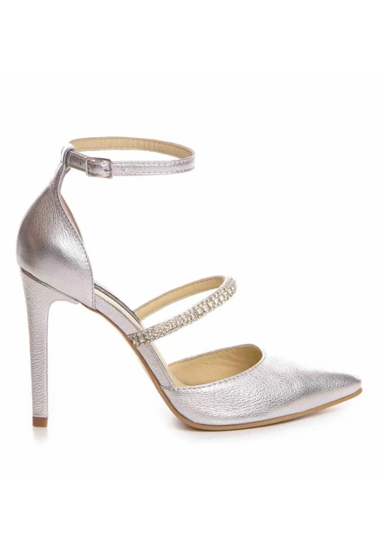 Pantofi mireasa piele naturala Argintiu Crystal