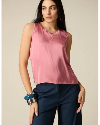 Bluza de satin cu decolteu rotund, Roz
