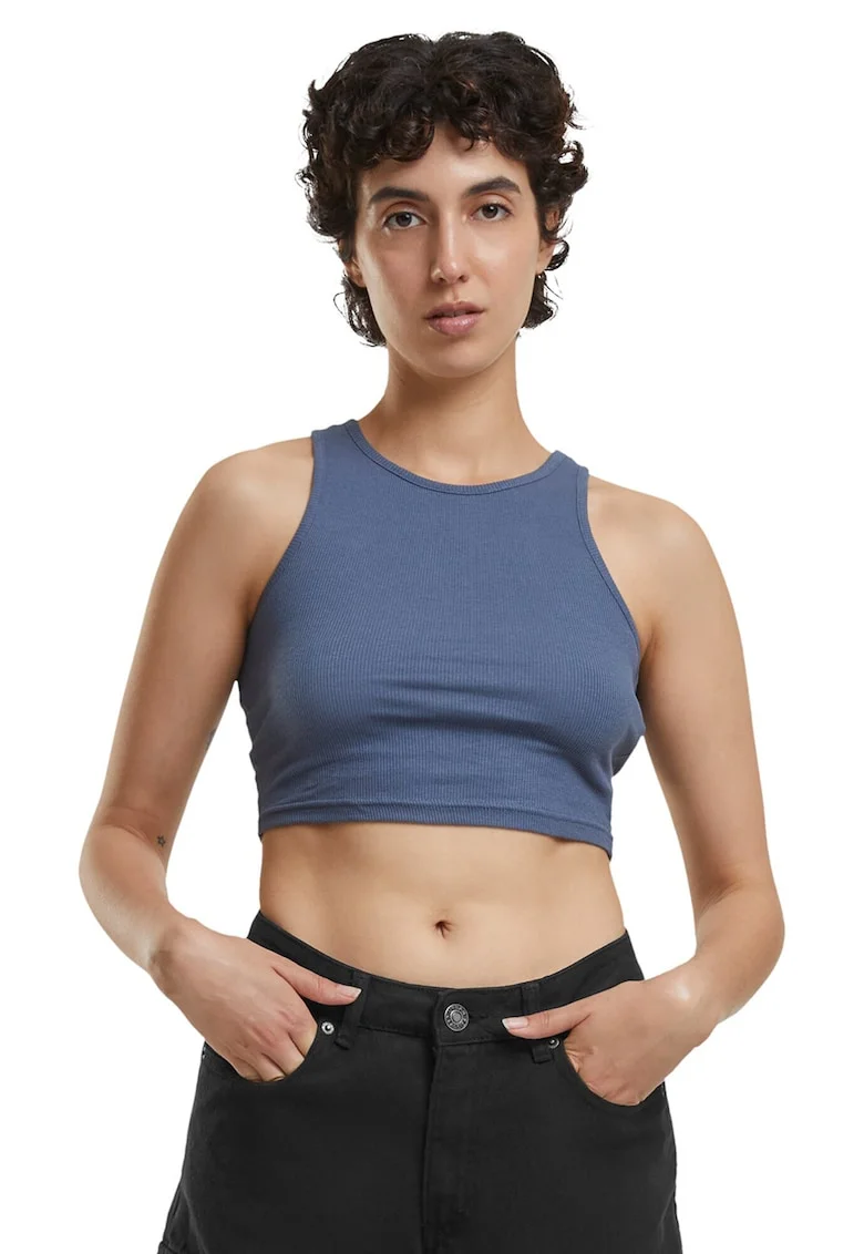 Top crop racerback cu aspect striat, Albastru prafuit