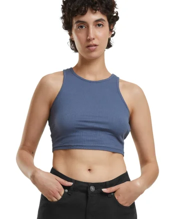 Top crop racerback cu aspect striat, Albastru prafuit
