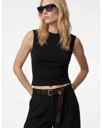 Top crop slim fit cu fronseuri, Negru