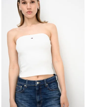 Top bandeau cu croiala crop, Alb optic