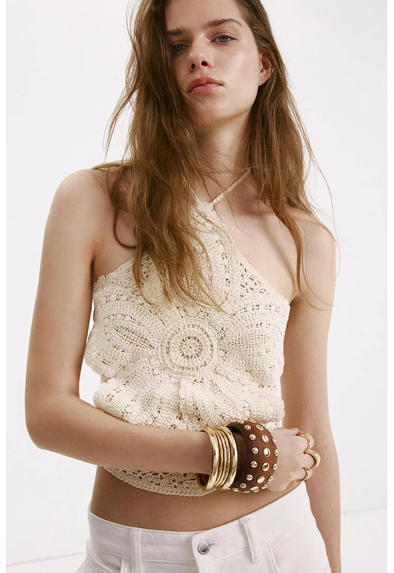 Top crosetat cu model floral, Alb fildes