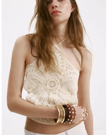 Top crosetat cu model floral, Alb fildes
