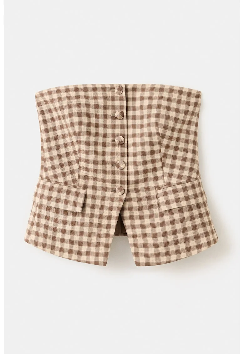 Top fara bretele cu model gingham, Maro/Bej