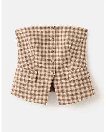 Top fara bretele cu model gingham, Maro/Bej