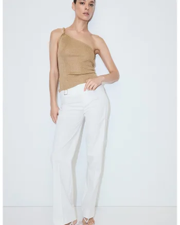 Top cu decolteu pe un umar si insertii de lurex, Auriu