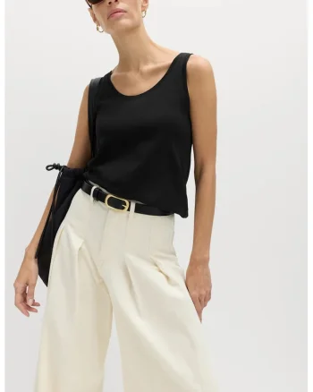 Top de bumbac cu decolteu rotund, Negru