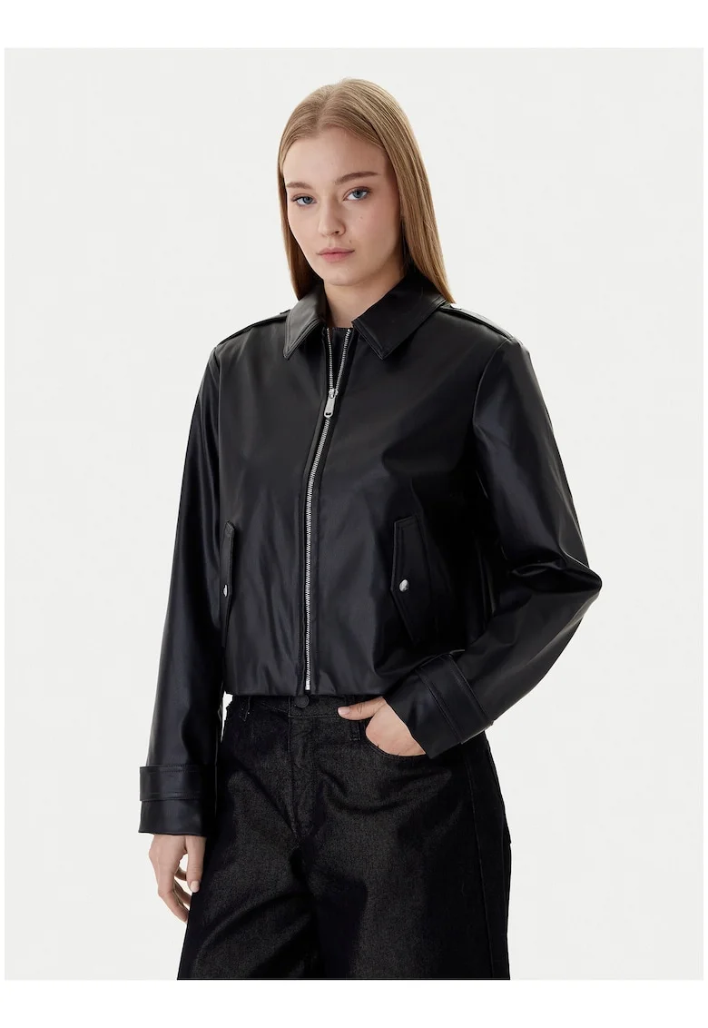 Jacheta crop din imitatie de piele