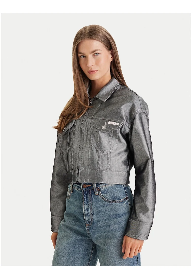 Jacheta crop din denim, cu fermoar