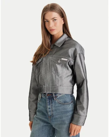 Jacheta crop din denim, cu fermoar