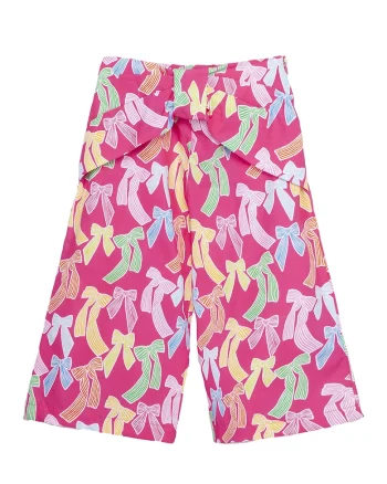 Pantaloni cu croiala ampla si model cu funde, Galben, Roz, Albastru deschis,
