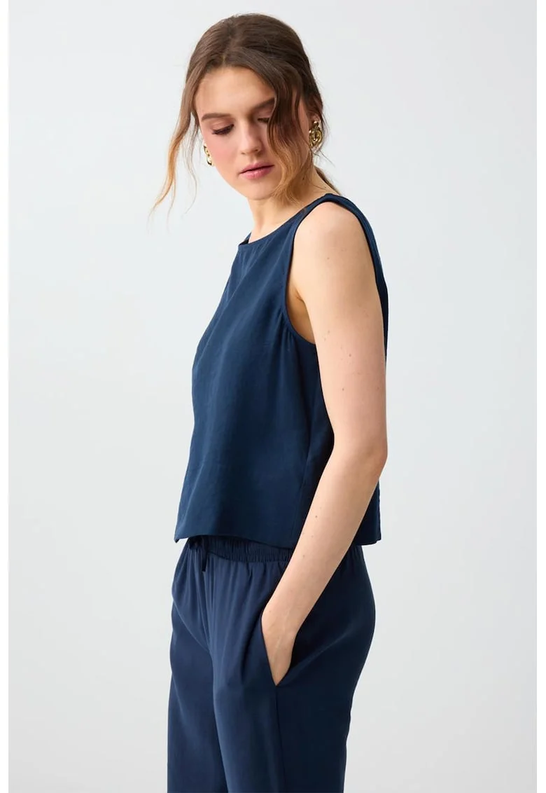 Top din amestec de modal cu decolteu barcuta, Bleumarin