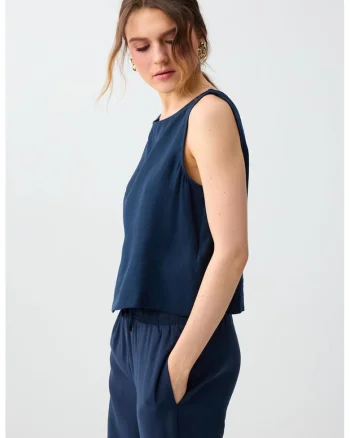 Top din amestec de modal cu decolteu barcuta, Bleumarin