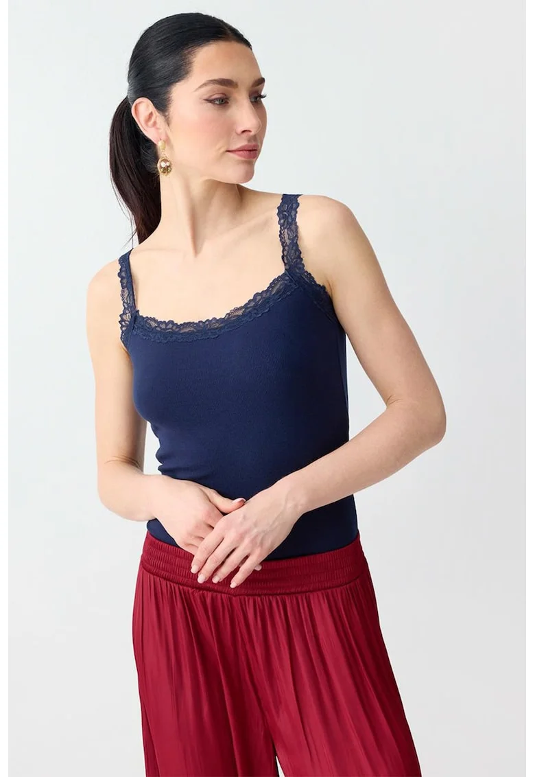 Top din amestec de modal cu garnituri de dantela, Bleumarin