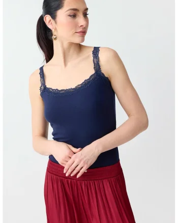 Top din amestec de modal cu garnituri de dantela, Bleumarin
