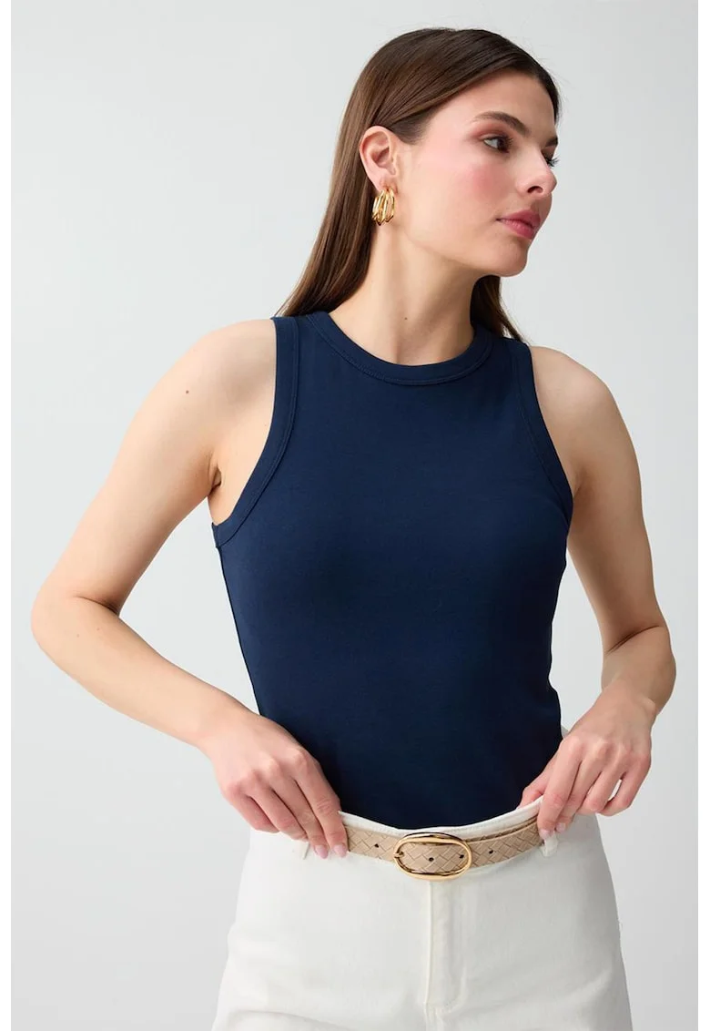 Top slim fit cu decolteu la baza gatului, Bleumarin