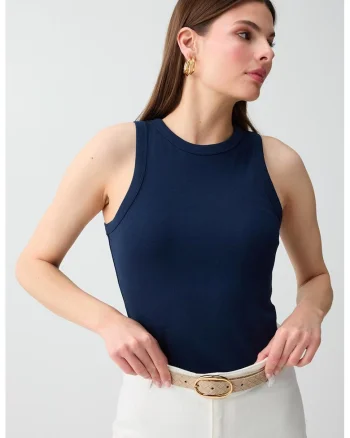 Top slim fit cu decolteu la baza gatului, Bleumarin