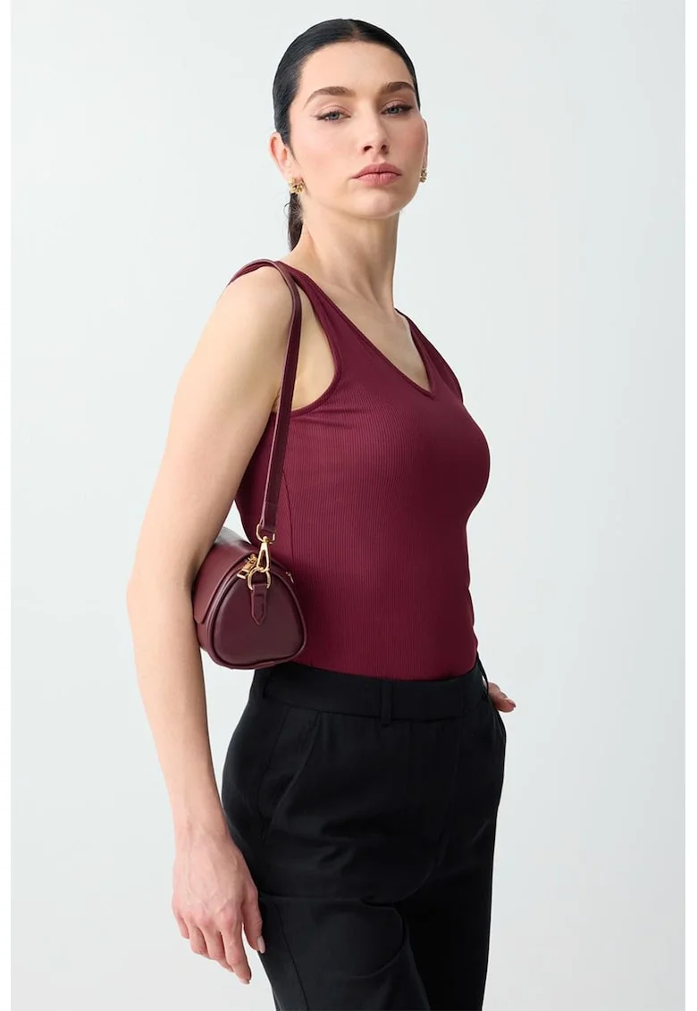 Top slim fit cu decolteu in V, Rosu inchis