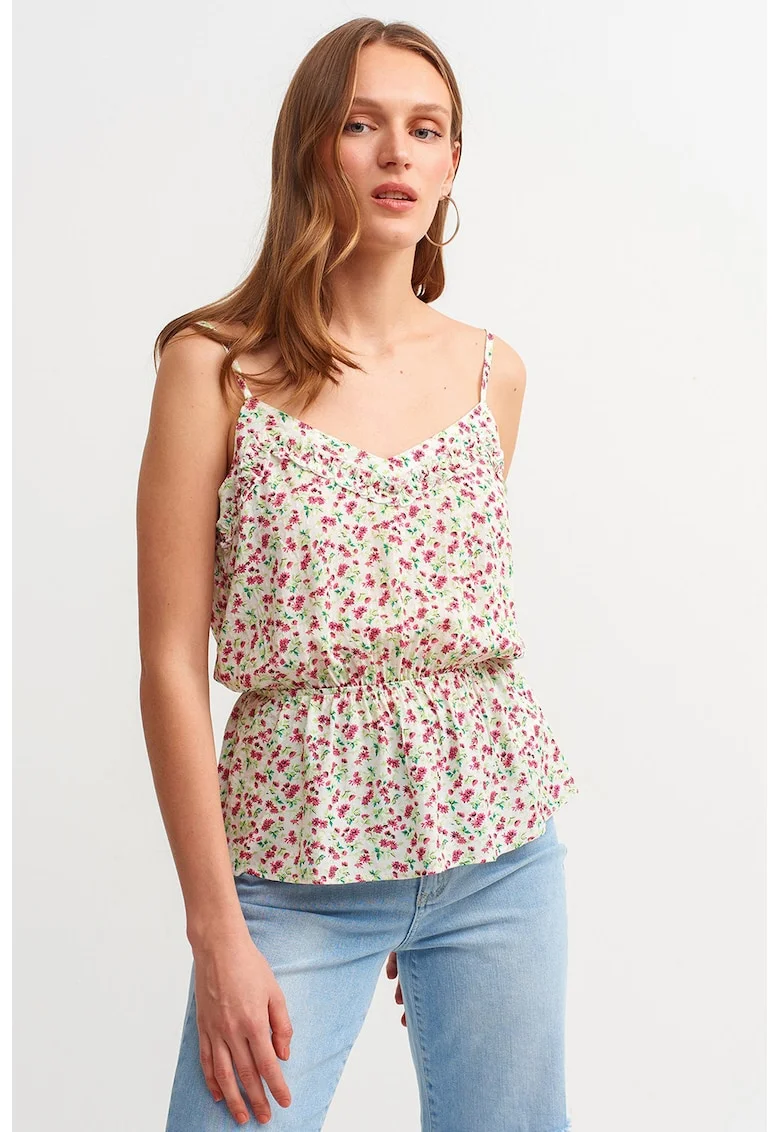 Top cu decolteu in V si imprimeu floral, Alb/Roz inchis