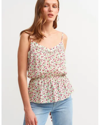 Top cu decolteu in V si imprimeu floral, Alb/Roz inchis