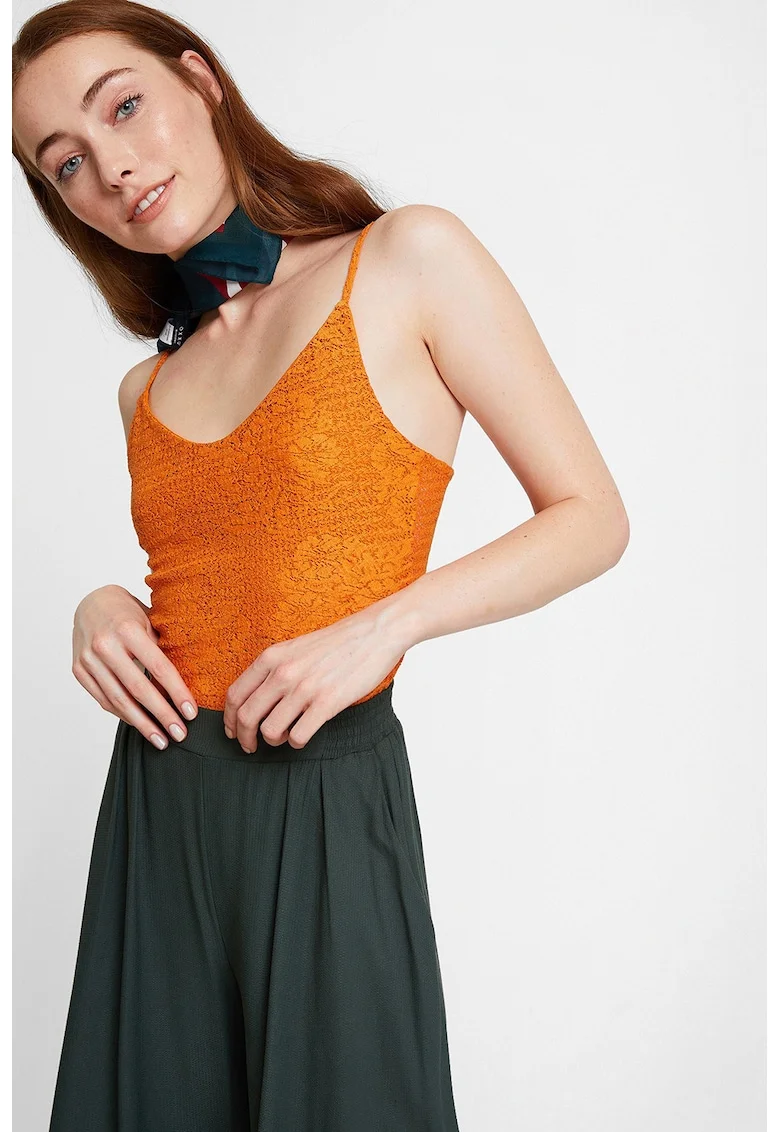 Top slim-fit cu decolteu in V si bretele inguste, Portocaliu