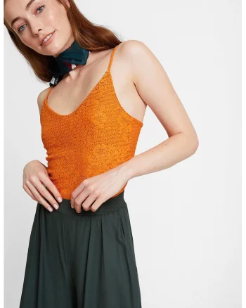 Top slim-fit cu decolteu in V si bretele inguste, Portocaliu