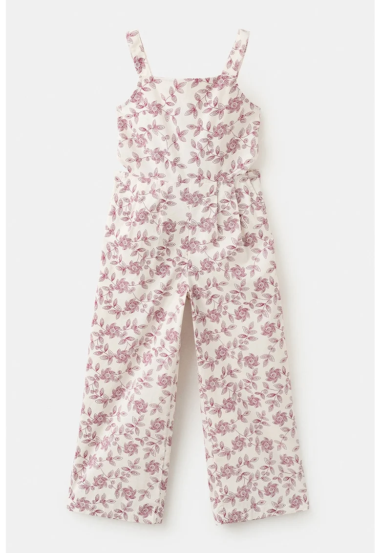 Salopeta fara maneci cu model floral si decupaje laterale, Alb fildes/Roz inchis
