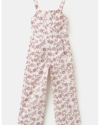 Salopeta fara maneci cu model floral si decupaje laterale, Alb fildes/Roz inchis