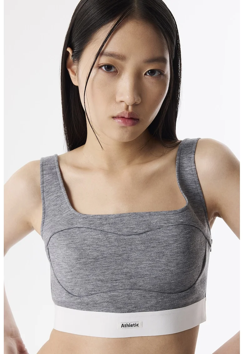 Top crop cu fermoar, Alb/Gri melange