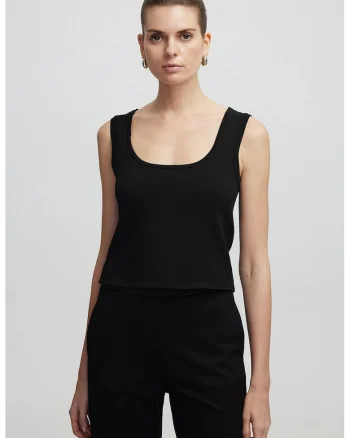 Top crop cu decolteu rotund, Negru