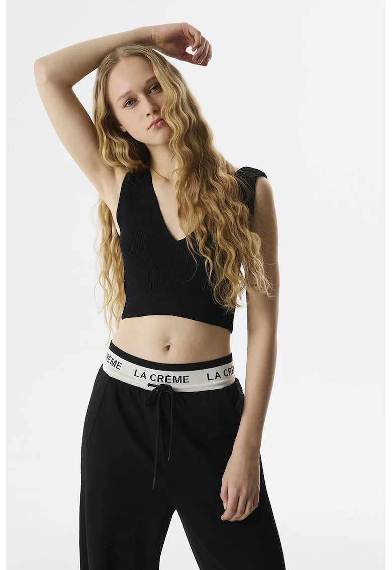 Top crop cu decolteu in V, Negru