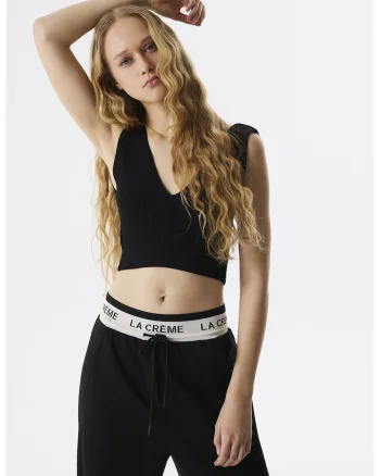 Top crop cu decolteu in V, Negru