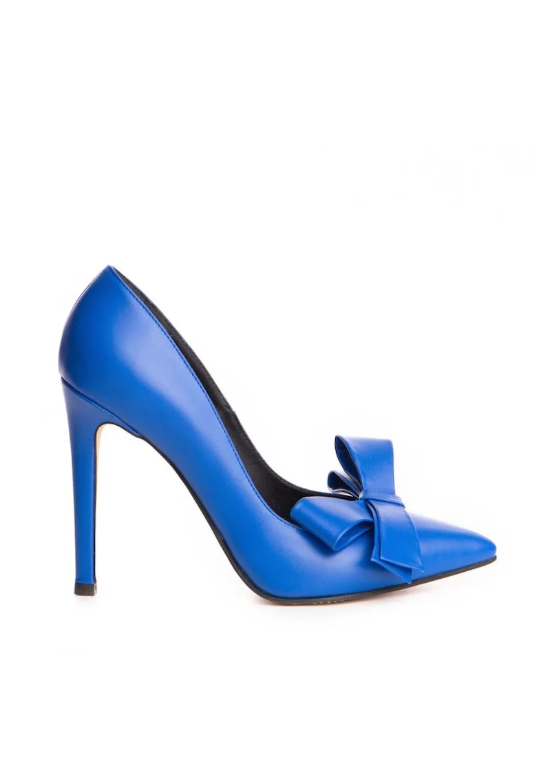 Pantofi stiletto piele naturala Albastru Bow