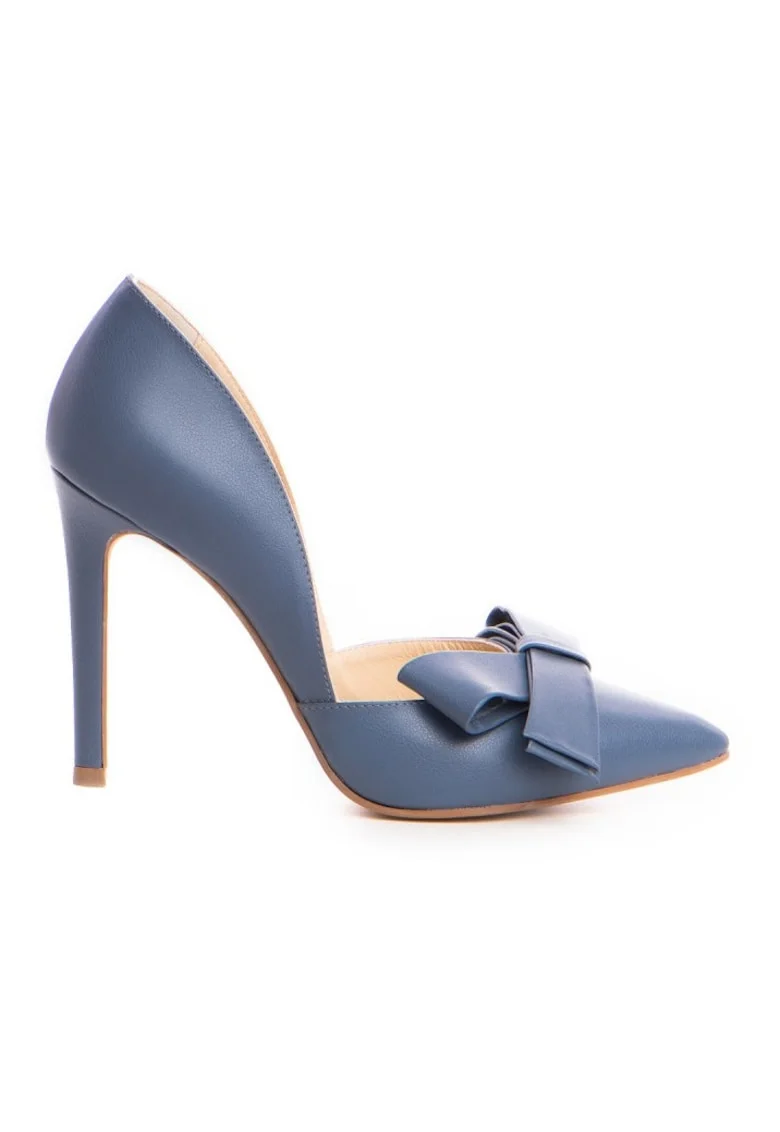 Pantofi stiletto piele naturala Bleu Jeans cu funda