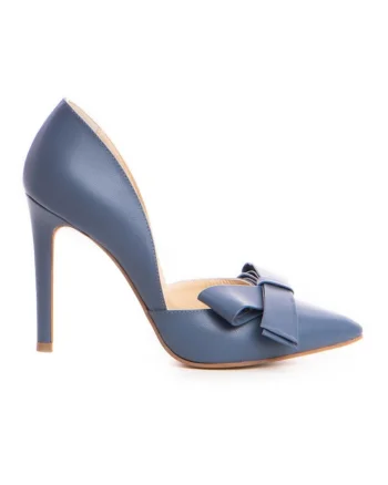 Pantofi stiletto piele naturala Bleu Jeans cu funda