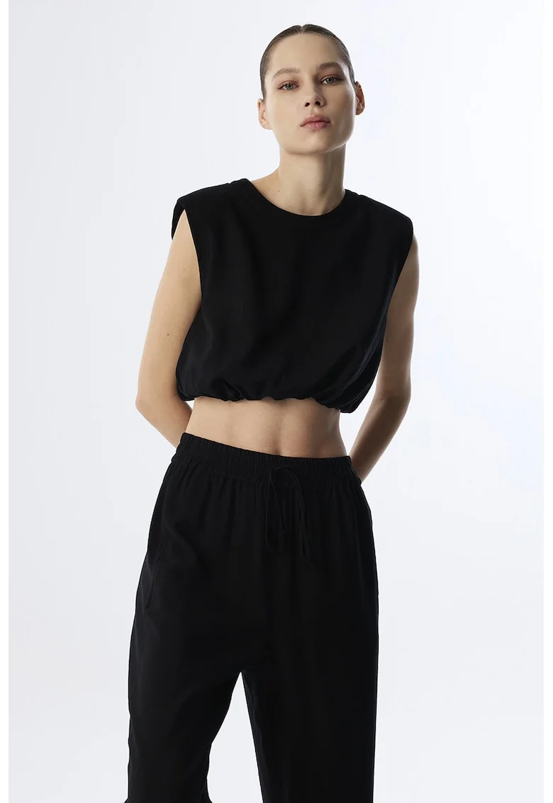 Top crop cu fermoar, Negru