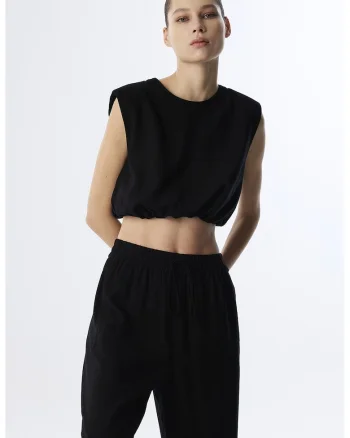 Top crop cu fermoar, Negru