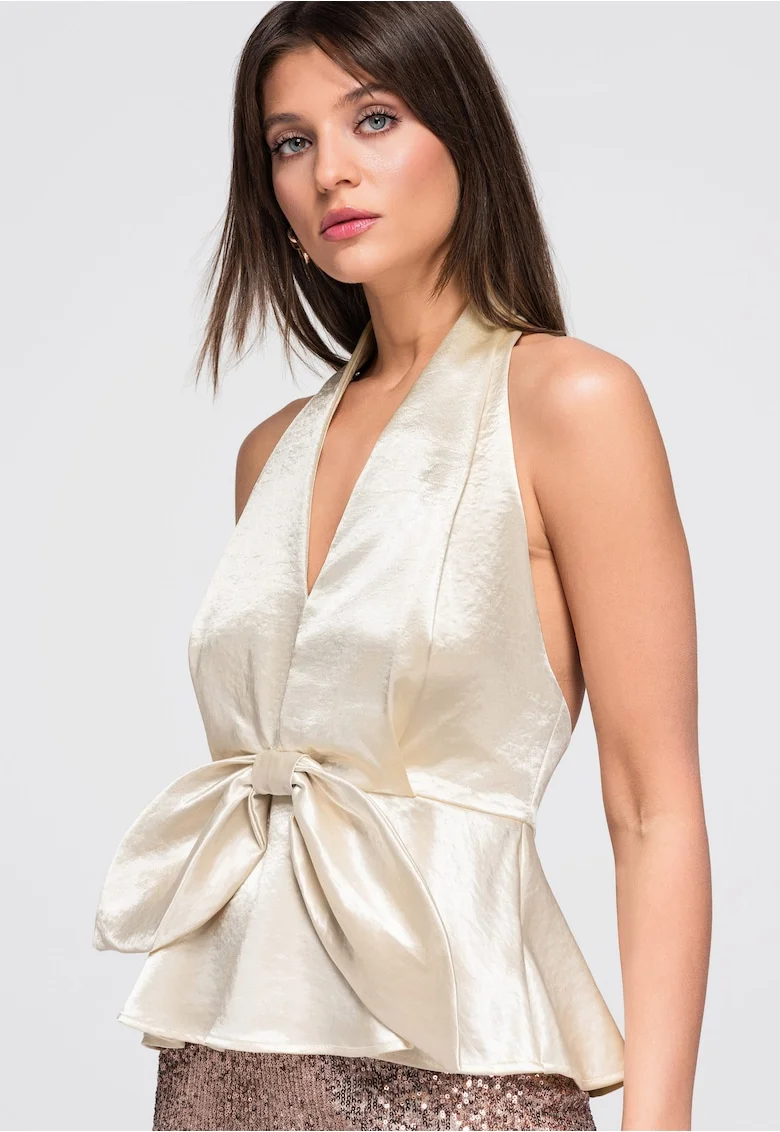 Bluza dama cu decolteu halter, talie evidentiata, material satinat, Crem
