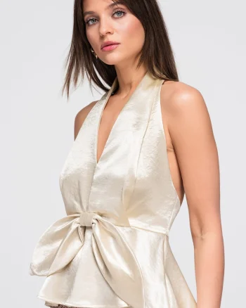 Bluza dama cu decolteu halter, talie evidentiata, material satinat, Crem
