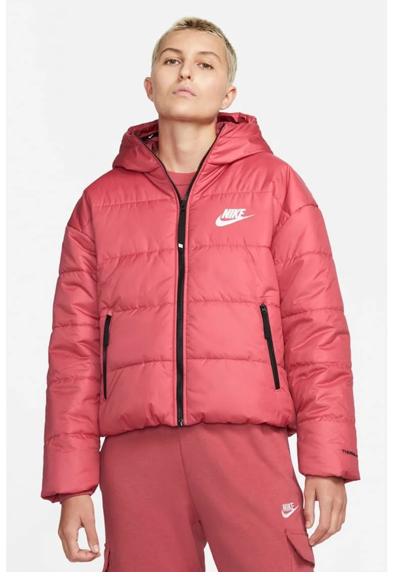 Geaca relaxed fit cu tehnologie Therma-fit si gluga, Alb/Negru/Roz