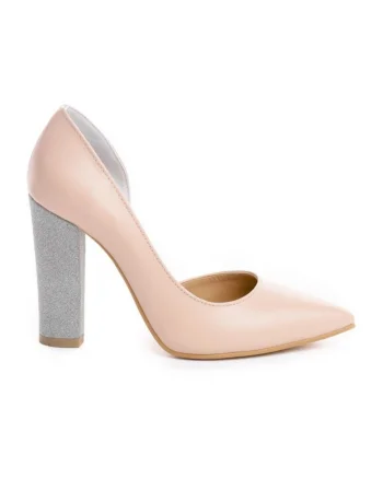 Pantofi cu toc gros piele Nude Glitter Cut