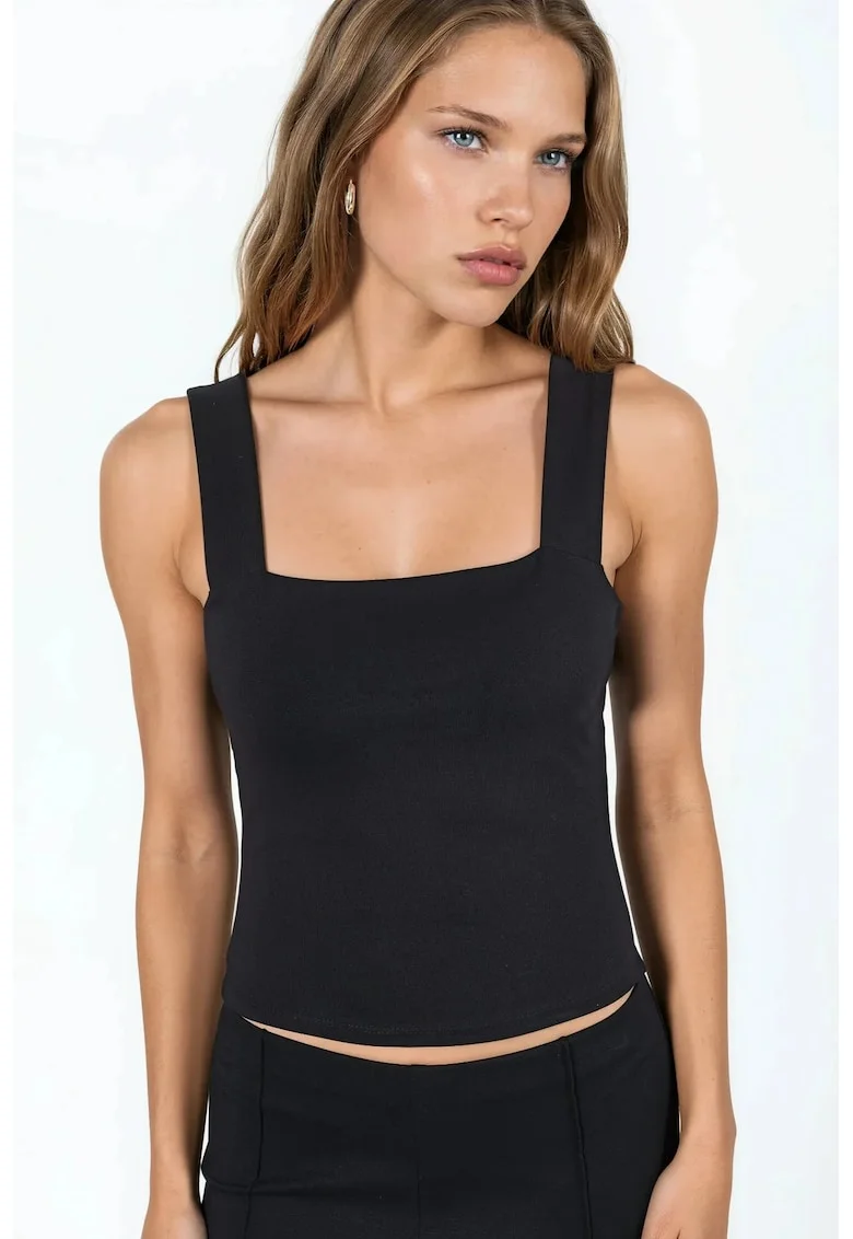 Top tricotat,  guler patrat, casual, negru, 95% bumbac