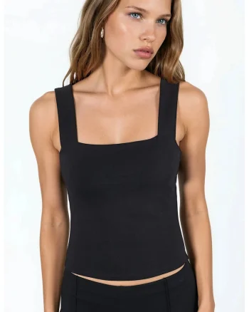 Top tricotat,  guler patrat, casual, negru, 95% bumbac
