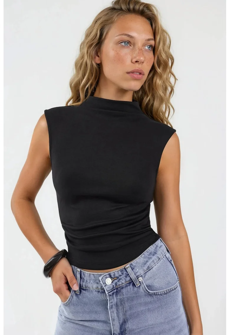 Top,  Slim Fit, fara maneci, negru, material tricotat